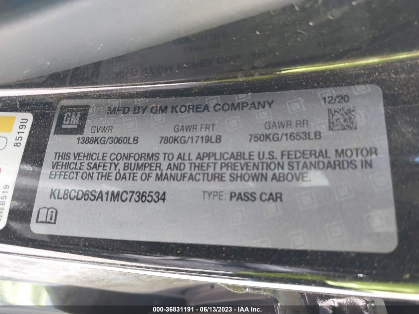 2021 CHEVROLET SPARK 1LT - KL8CD6SA1MC736534