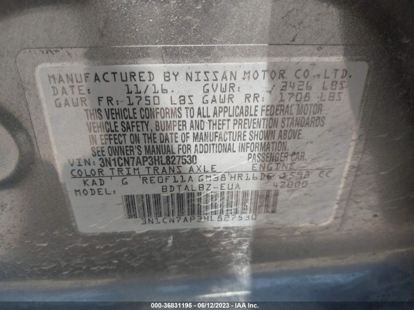 2017 NISSAN VERSA SEDAN SV - 3N1CN7AP3HL827530