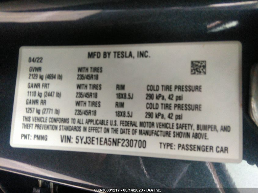 2022 TESLA MODEL 3 - 5YJ3E1EA5NF230700