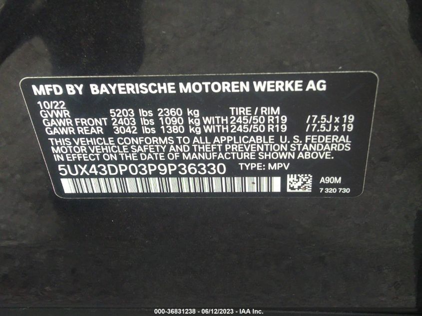 2023 BMW X3 SDRIVE30I - 5UX43DP03P9P36330