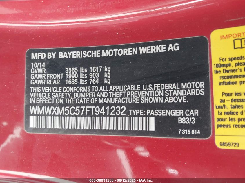 2015 MINI HARDTOP COOPER - WMWXM5C57FT941232