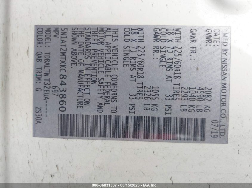 2019 NISSAN ROGUE SV - 5N1AT2MTXKC843860