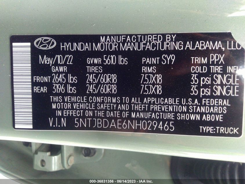 2022 HYUNDAI SANTA CRUZ SEL - 5NTJBDAE6NH029465