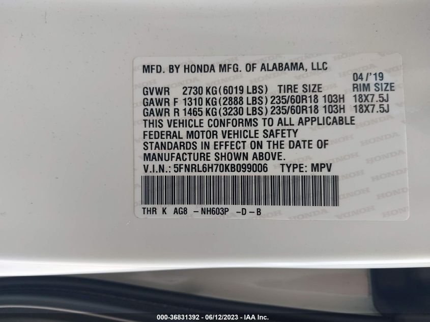 2019 HONDA ODYSSEY EX-L - 5FNRL6H70KB099006
