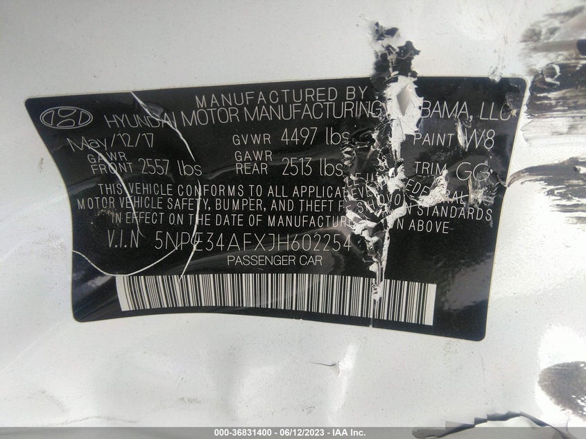 VIN 5NPE34AFXJH602254 2018 HYUNDAI SONATA SEL