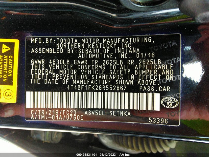 2016 TOYOTA CAMRY LE/XLE/SE/XSE - 4T4BF1FK2GR552867