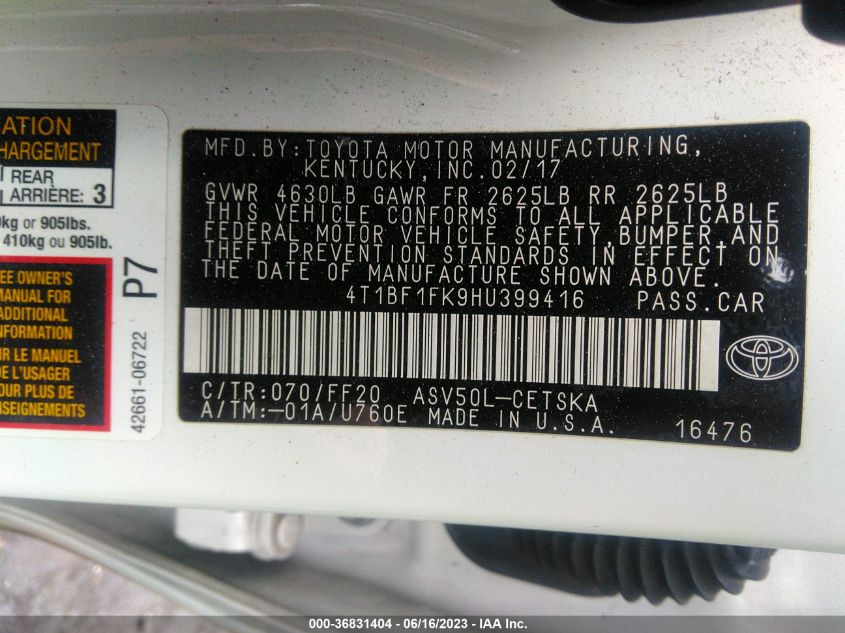 2017 TOYOTA CAMRY XLE/SE/LE/XSE - 4T1BF1FK9HU399416