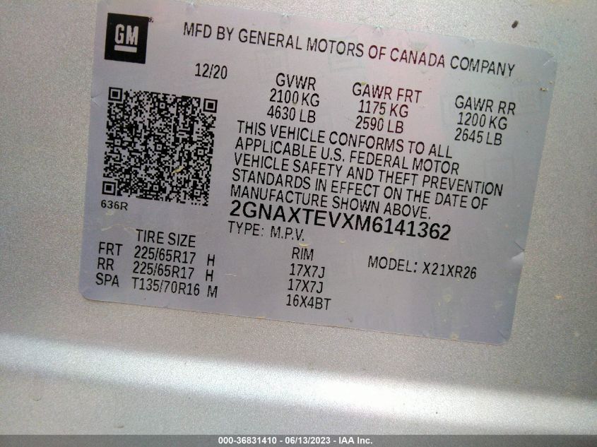 2021 CHEVROLET EQUINOX LT - 2GNAXTEVXM6141362
