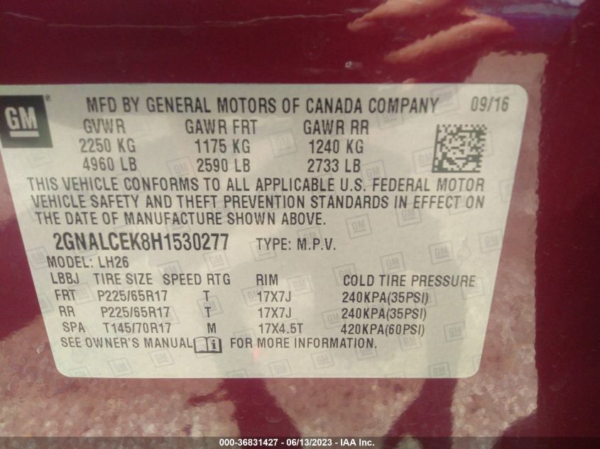 2017 CHEVROLET EQUINOX LT - 2GNALCEK8H1530277