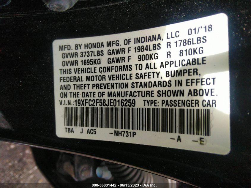 2018 HONDA CIVIC SEDAN LX - 19XFC2F58JE016259