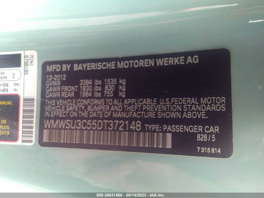 2013 MINI COOPER HARDTOP - WMWSU3C55DT372148