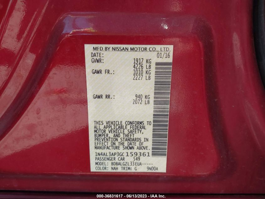 2016 NISSAN ALTIMA 2.5/S/SV/SL/SR - 1N4AL3AP3GC159361