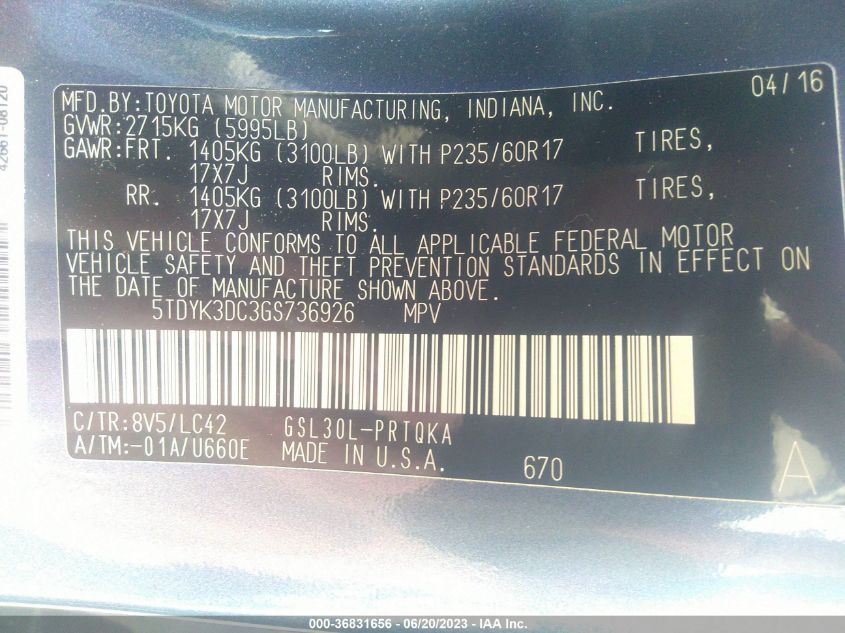 2016 TOYOTA SIENNA XLE/LIMITED - 5TDYK3DC3GS736926
