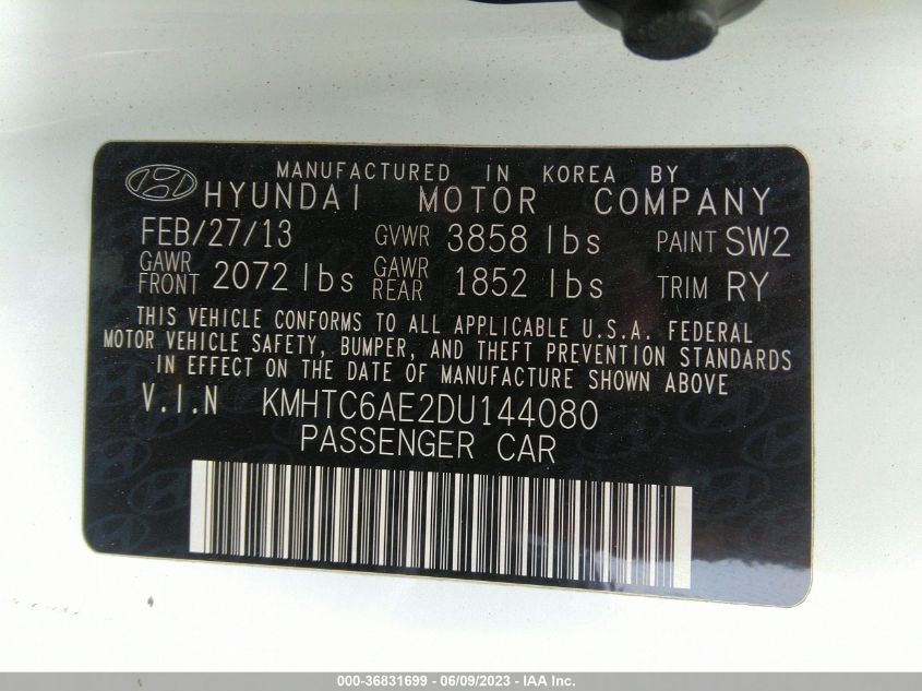 2013 HYUNDAI VELOSTER TURBO W/BLACK INT - KMHTC6AE2DU144080