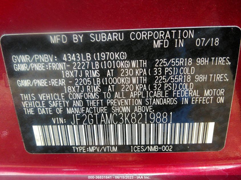 2019 SUBARU CROSSTREK LIMITED - JF2GTAMC3K8219881