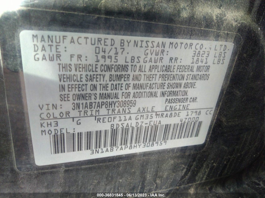 VIN 3N1AB7AP8HY308959 2017 NISSAN SENTRA S/SV/SR/SL