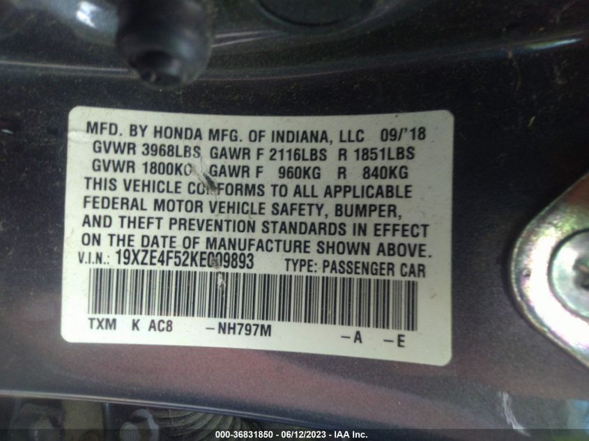 2019 HONDA INSIGHT EX - 19XZE4F52KE009893