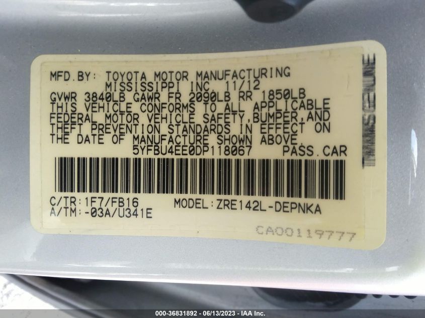 2013 TOYOTA COROLLA L/LE/S - 5YFBU4EE0DP118067