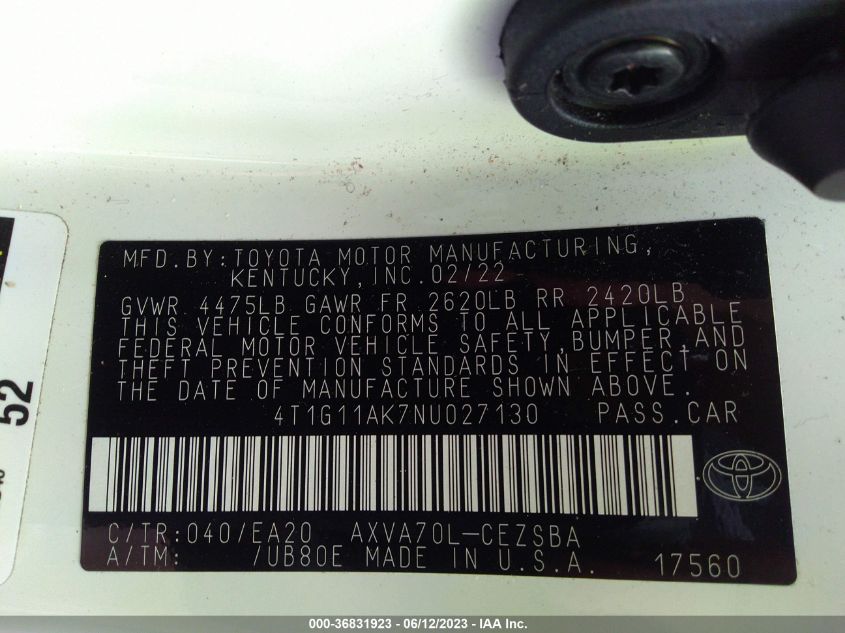 2022 TOYOTA CAMRY SE - 4T1G11AK7NU027130