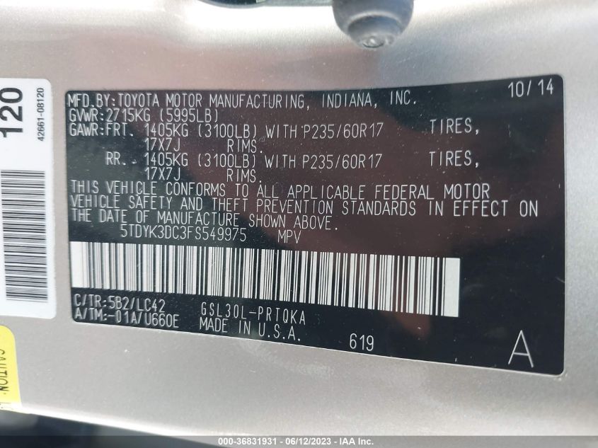 2015 TOYOTA SIENNA XLE/XLE AAS/LTD - 5TDYK3DC3FS549975