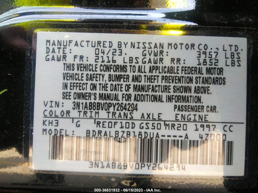 VIN 3N1AB8BV0PY264294 2023 NISSAN SENTRA S