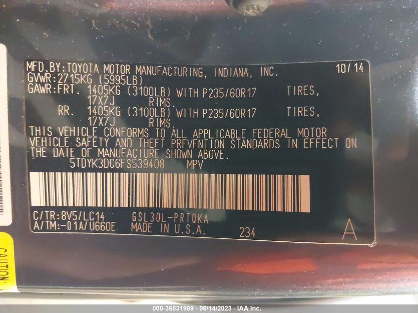 2015 TOYOTA SIENNA XLE/XLE AAS/LTD - 5TDYK3DC6FS539408