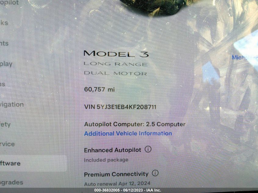 VIN 5YJ3E1EB4KF208711 2019 TESLA MODEL 3 LONG RANGE/PERFORMANCE