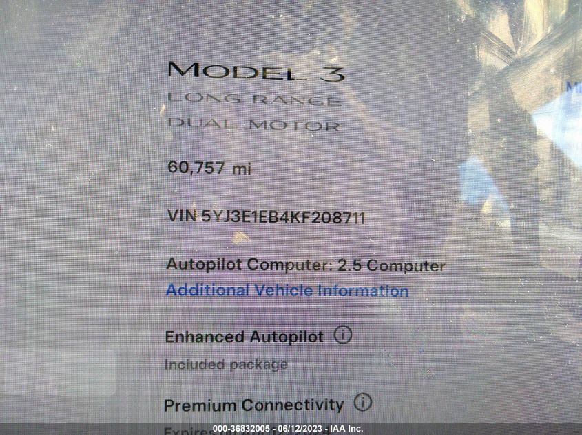 VIN 5YJ3E1EB4KF208711 2019 TESLA MODEL 3 LONG RANGE/PERFORMANCE
