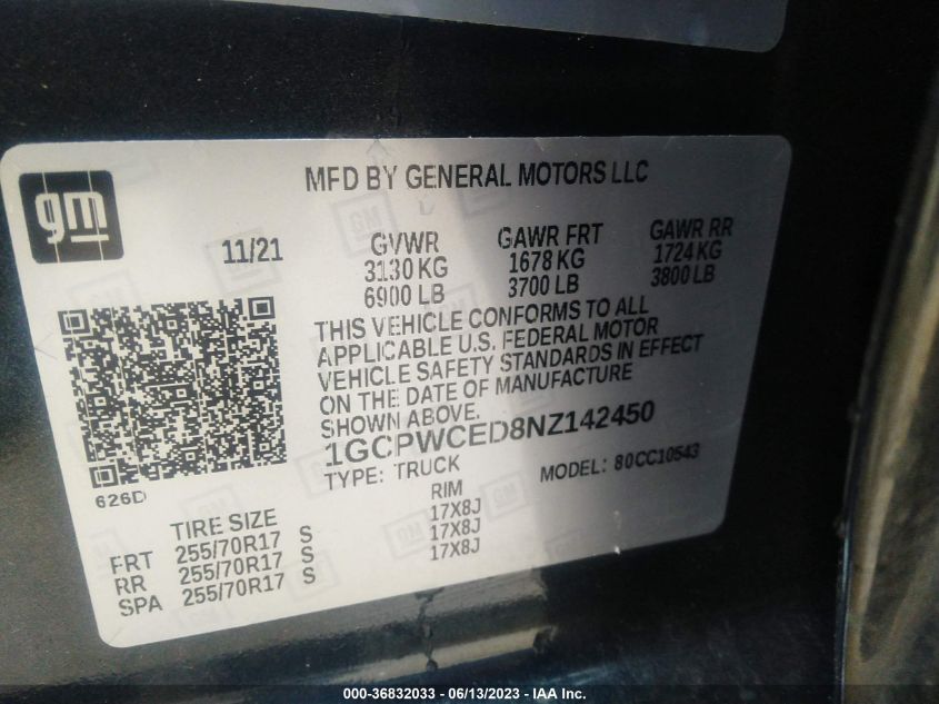 2022 CHEVROLET SILVERADO 1500 LTD LT 1GCPWCED8NZ142450