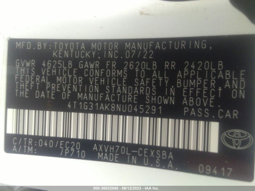 2022 TOYOTA CAMRY HYBRID - 4T1G31AK8NU045291