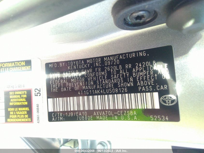 2020 TOYOTA CAMRY SE/SE NIGHT SHADE - 4T1G11AK4LU508126