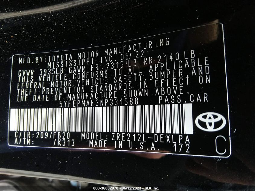 2022 TOYOTA COROLLA LE - 5YFEPMAE3NP331588