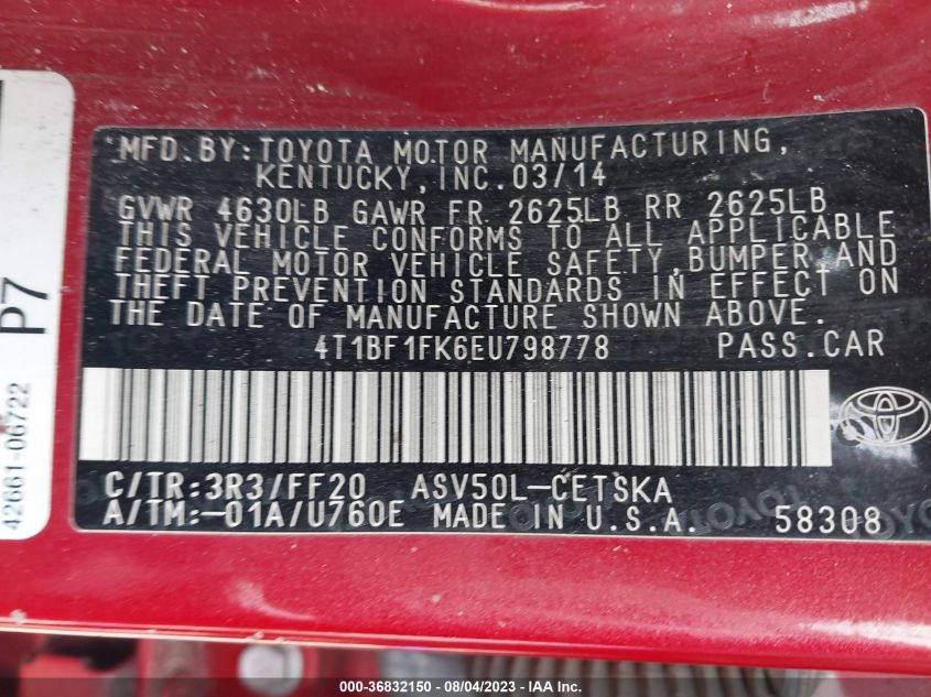 2014 TOYOTA CAMRY L/LE/XLE/SE/SE SPORT - 4T1BF1FK6EU798778