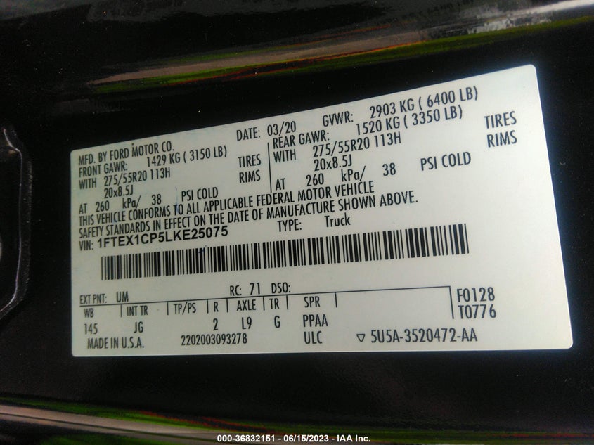 VIN 1FTEX1CP5LKE25075 2020 FORD F-150 XL/XLT/LARIAT