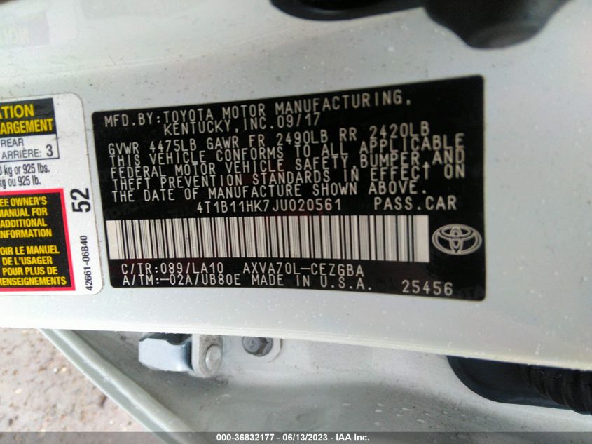 2018 TOYOTA CAMRY L/LE/XLE/SE/XSE - 4T1B11HK7JU020561