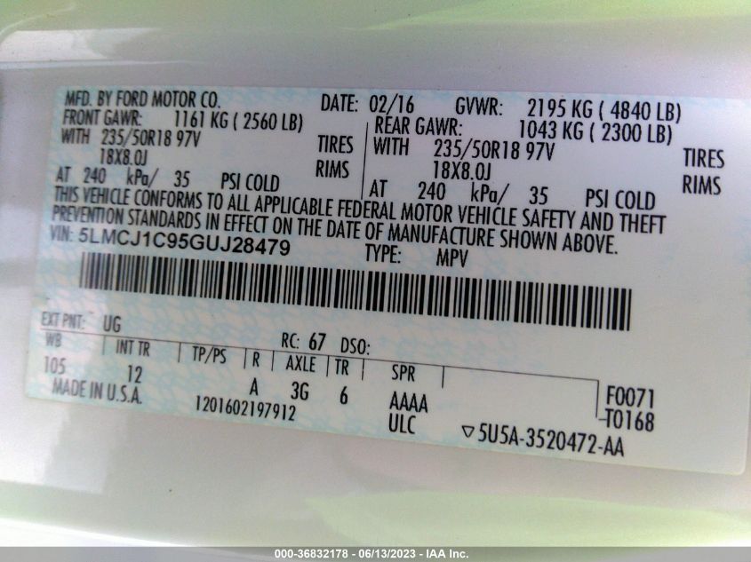 2016 LINCOLN MKC PREMIER - 5LMCJ1C95GUJ28479