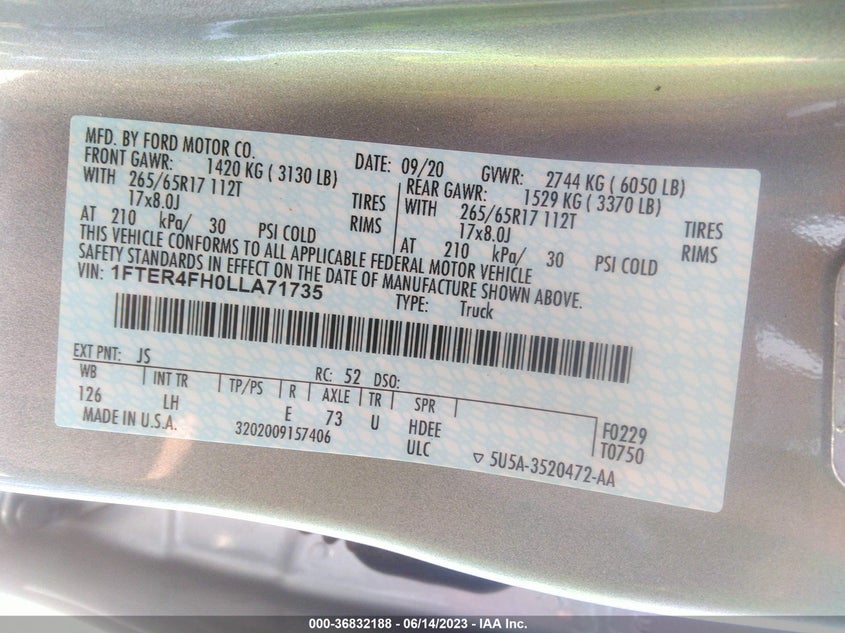 VIN 1FTER4FH0LLA71735 2020 FORD RANGER XL/XLT/LARIAT