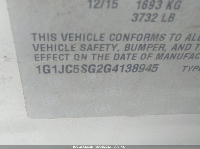 2016 CHEVROLET SONIC LT - 1G1JC5SG2G4138945