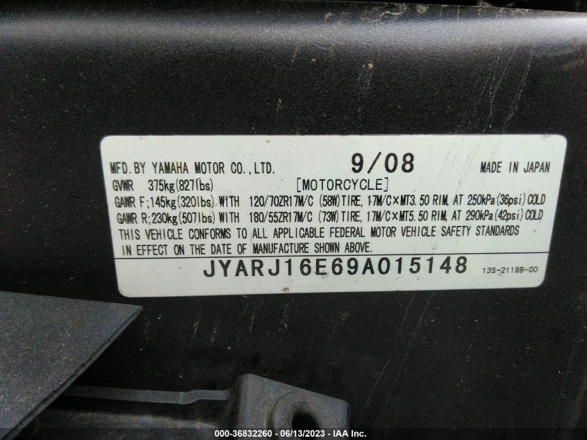 2009 YAMAHA YZFR6 JYARJ16E69A015148