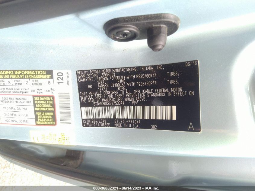 2016 TOYOTA SIENNA XLE/XLE AAS/LTD - 5TDYK3DC8GS753074