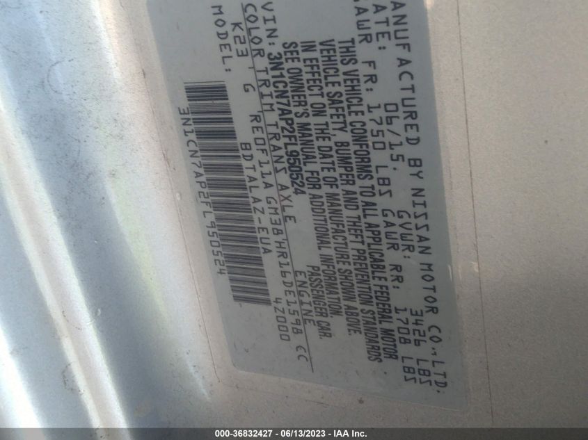 2015 NISSAN VERSA S PLUS - 3N1CN7AP2FL950524