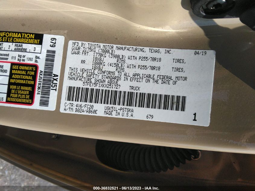 2019 TOYOTA TUNDRA 2WD SR5/LIMITED/PLATINUM - 5TFEY5F1XKX251727