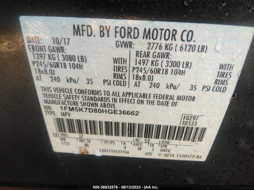 2017 FORD EXPLORER XLT - 1FM5K7D80HGE36662