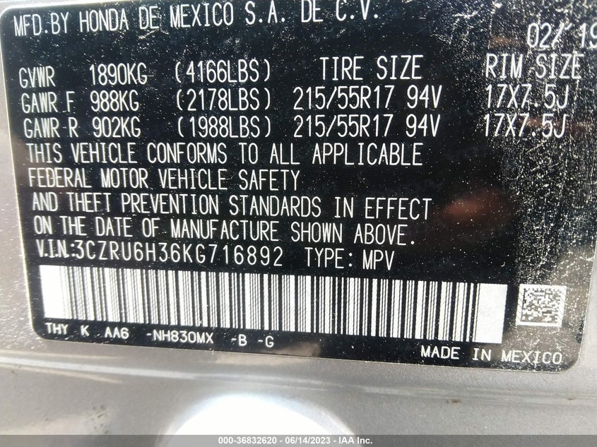 VIN 3CZRU6H36KG716892 2019 HONDA HR-V LX