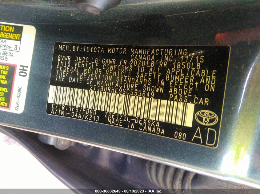 2016 TOYOTA COROLLA S - 2T1BURHE9GC553649