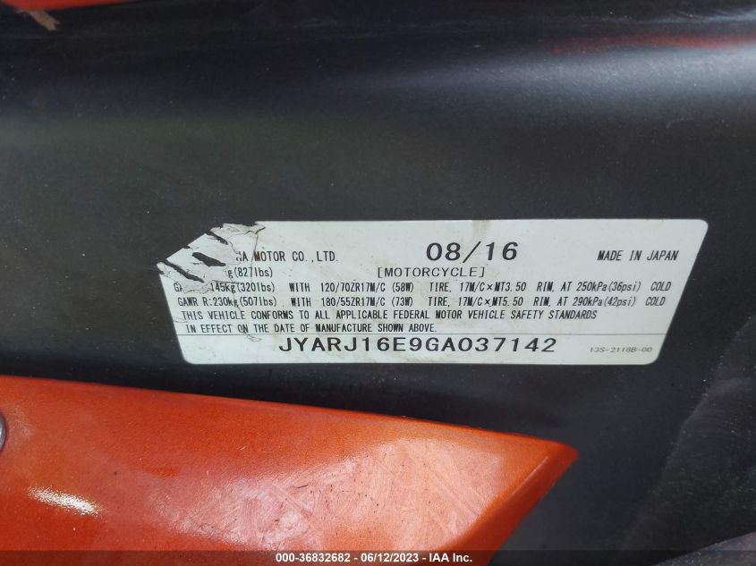 2016 YAMAHA YZFR6 JYARJ16E9GA037142