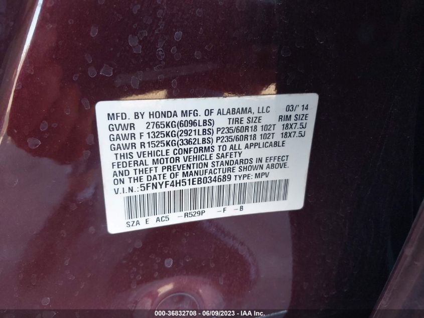 2014 HONDA PILOT EX-L - 5FNYF4H51EB034689