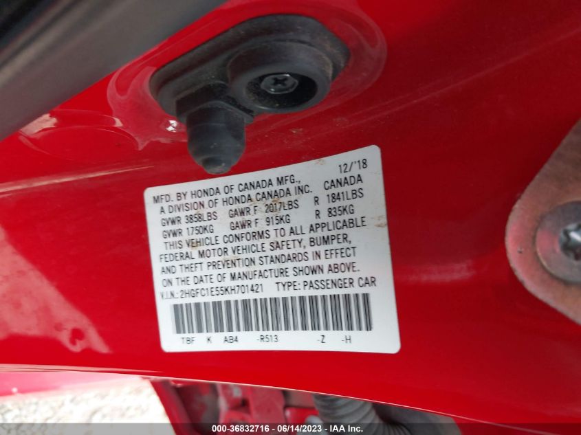 2019 HONDA CIVIC SI SEDAN - 2HGFC1E55KH701421