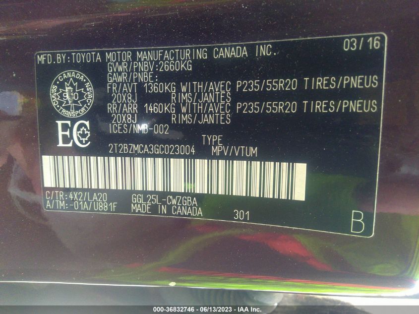 2016 LEXUS RX 350 - 2T2BZMCA3GC023004
