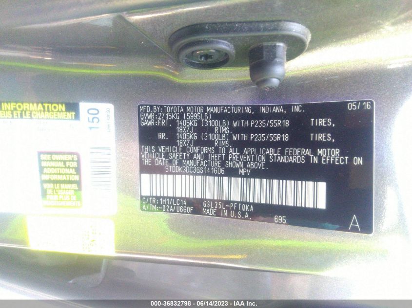 2016 TOYOTA SIENNA LTD/XLE/XLE PREMIUM - 5TDDK3DC3GS141606